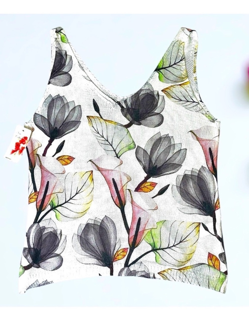 Colorful Floral Knit Tank Top Medium White Pink Black Gray Flowers Preppy Spring
